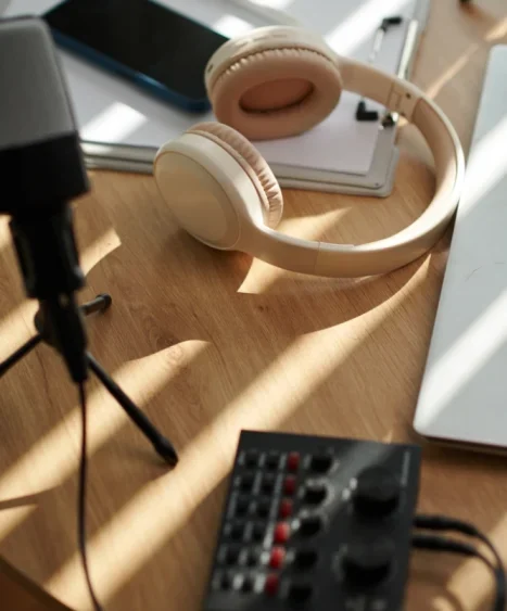microfono-de-auriculares-y-amplificador-en-la-mesa-de-vista-de-podcaster-desde-arriba Trabajador y cliente en obra